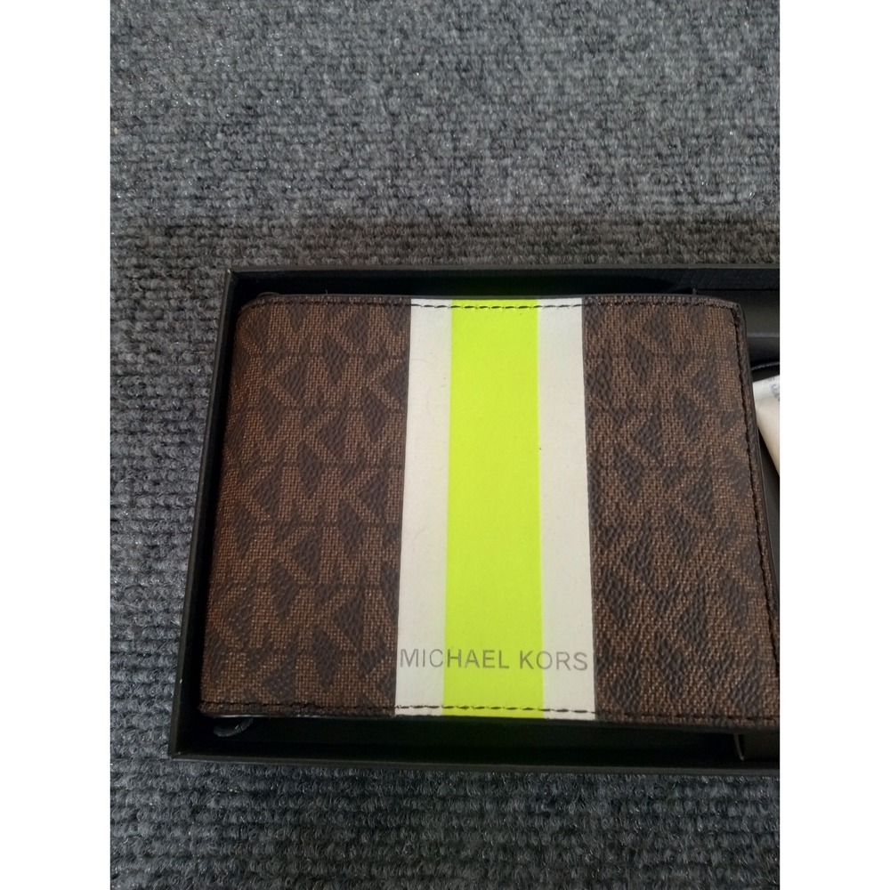 Michael Kors 1 Billfold Wallet Brown Neon Green Logo 36H1LGFF1B New in open Box